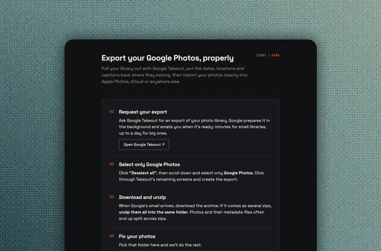 The exporter walks you through getting your library out of Google, then fixes everything locally in your browser. Try it at takeout.legault.me.