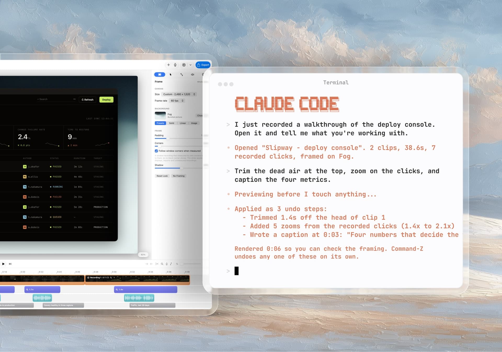 One sentence in the terminal, three undo steps in the editor. The agent reads the project before it touches anything, previews the result, and everything it did is Command-Z away.
